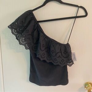 NWT Old Navy Eyelet One-Shoulder Paneled Rib Knit Top in Black Size M